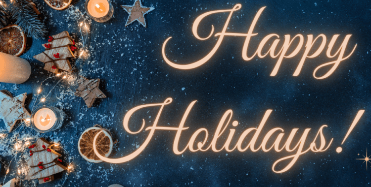 Happy holidays on a blue background decorated with seasonal items